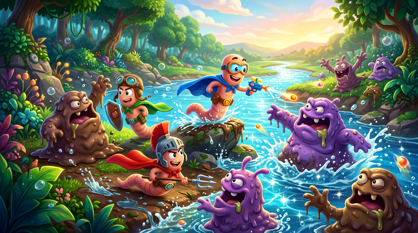 Earthworm heroes defending a river from silly pollution monsters